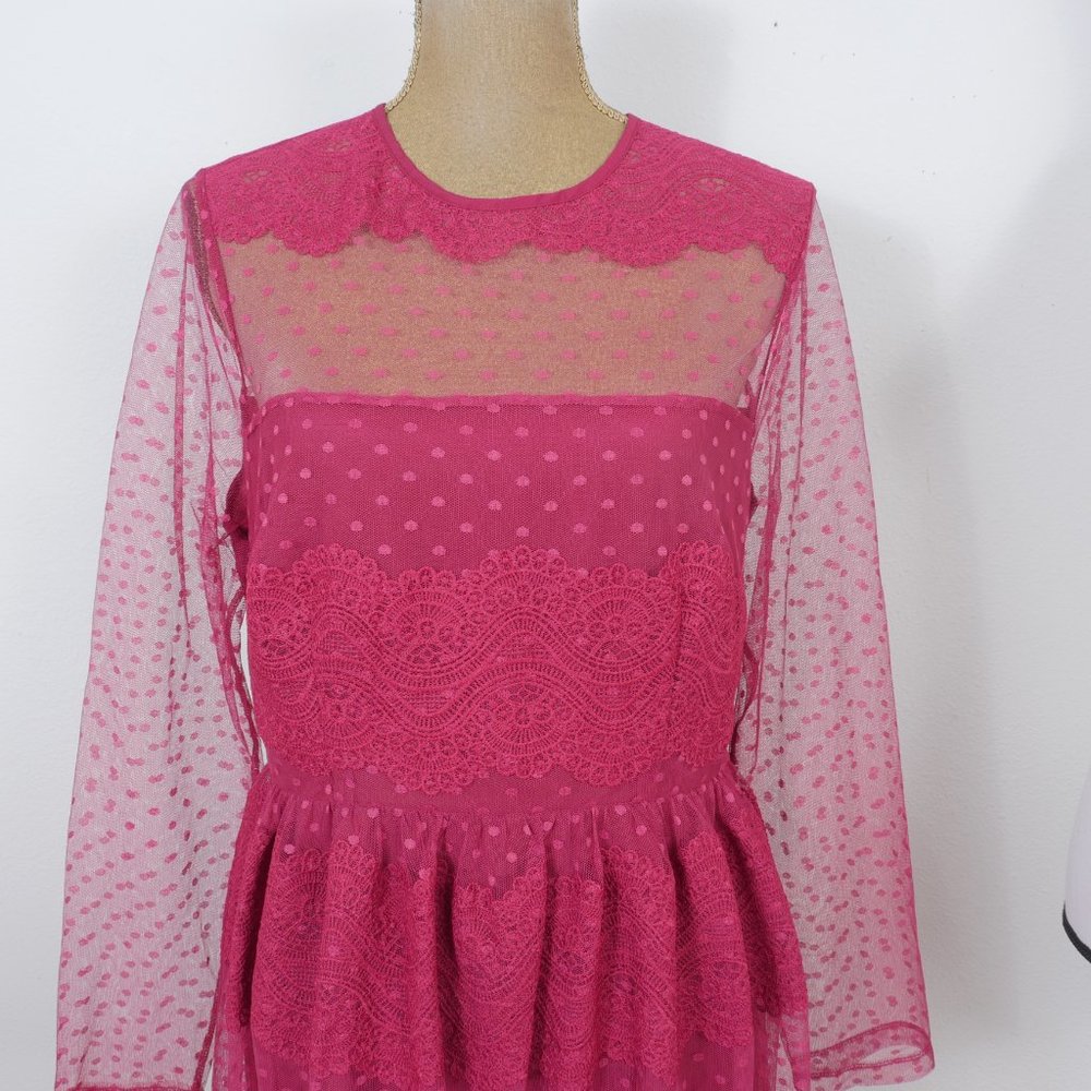 ASOS Wine Lace Sheer Long Sleeve Romantic Bohemian y2k Full Skirt SZ 10 Dress - Picture 3 of 12